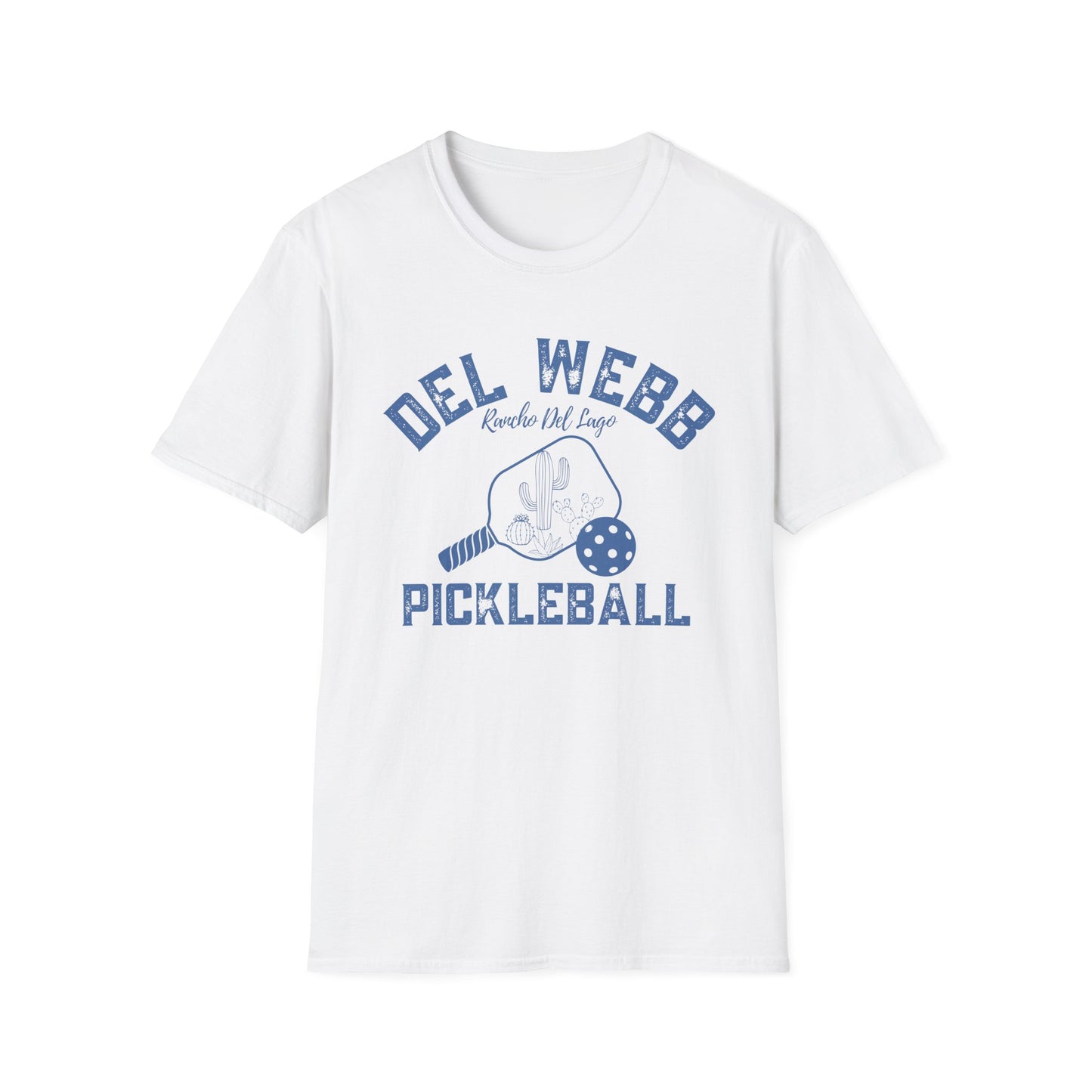 Del Webb Pickleball -Distressed letters Unisex Larger Cut Softstyle T-Shirt - can personalize back