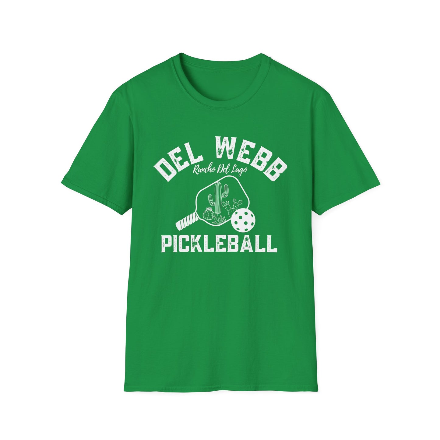 Del Webb Pickleball -Distressed letters Unisex Larger Cut Softstyle T-Shirt - can personalize back