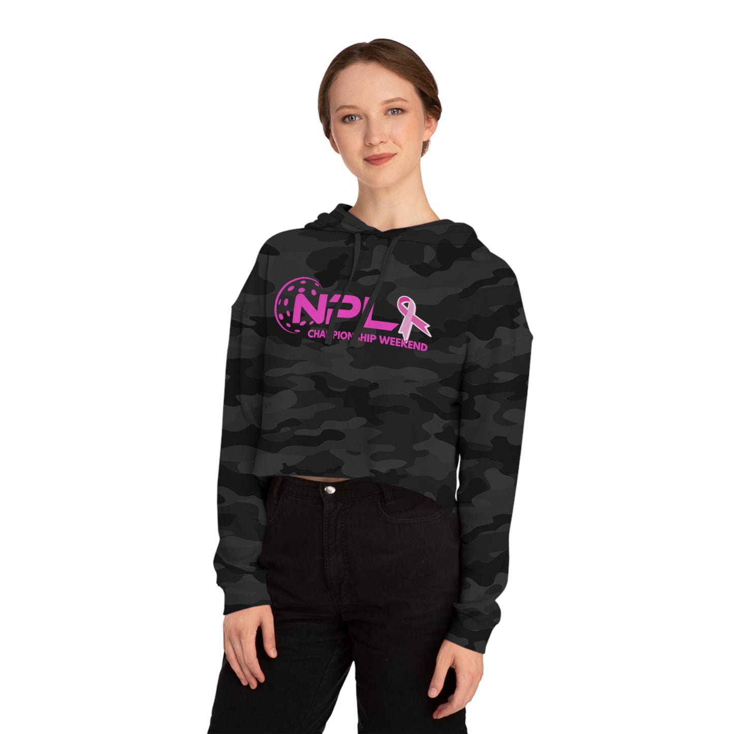 NPL Championship Weekend w/ Ribbon Hot Pink - Women’s Cropped Hooded Sweatshirt