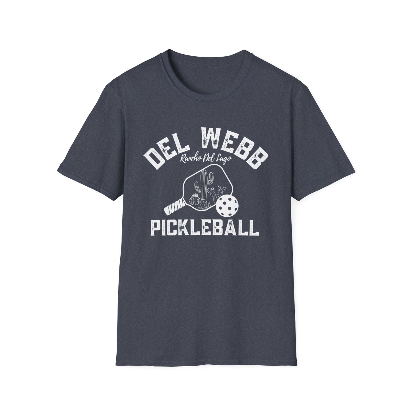 Del Webb Pickleball -Distressed letters Unisex Larger Cut Softstyle T-Shirt - can personalize back