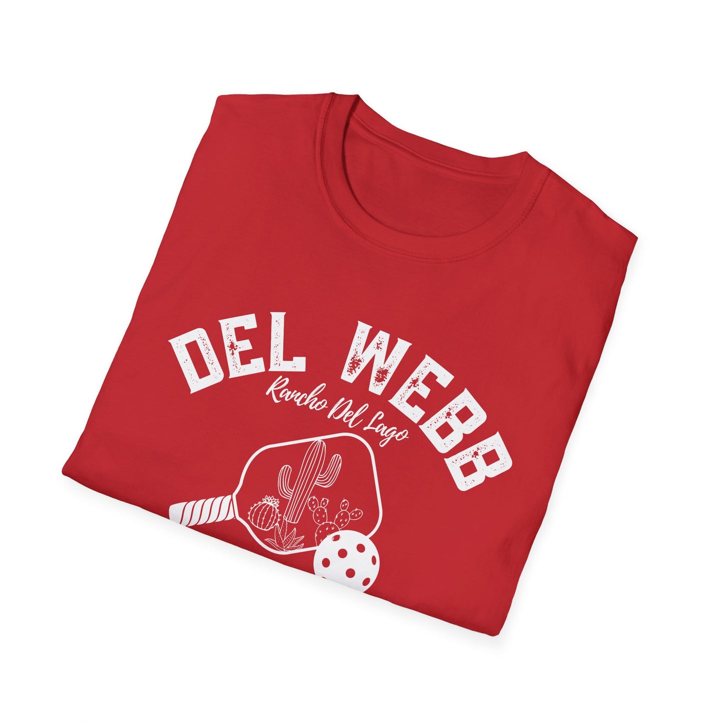 Del Webb Pickleball -Distressed letters Unisex Larger Cut Softstyle T-Shirt - can personalize back