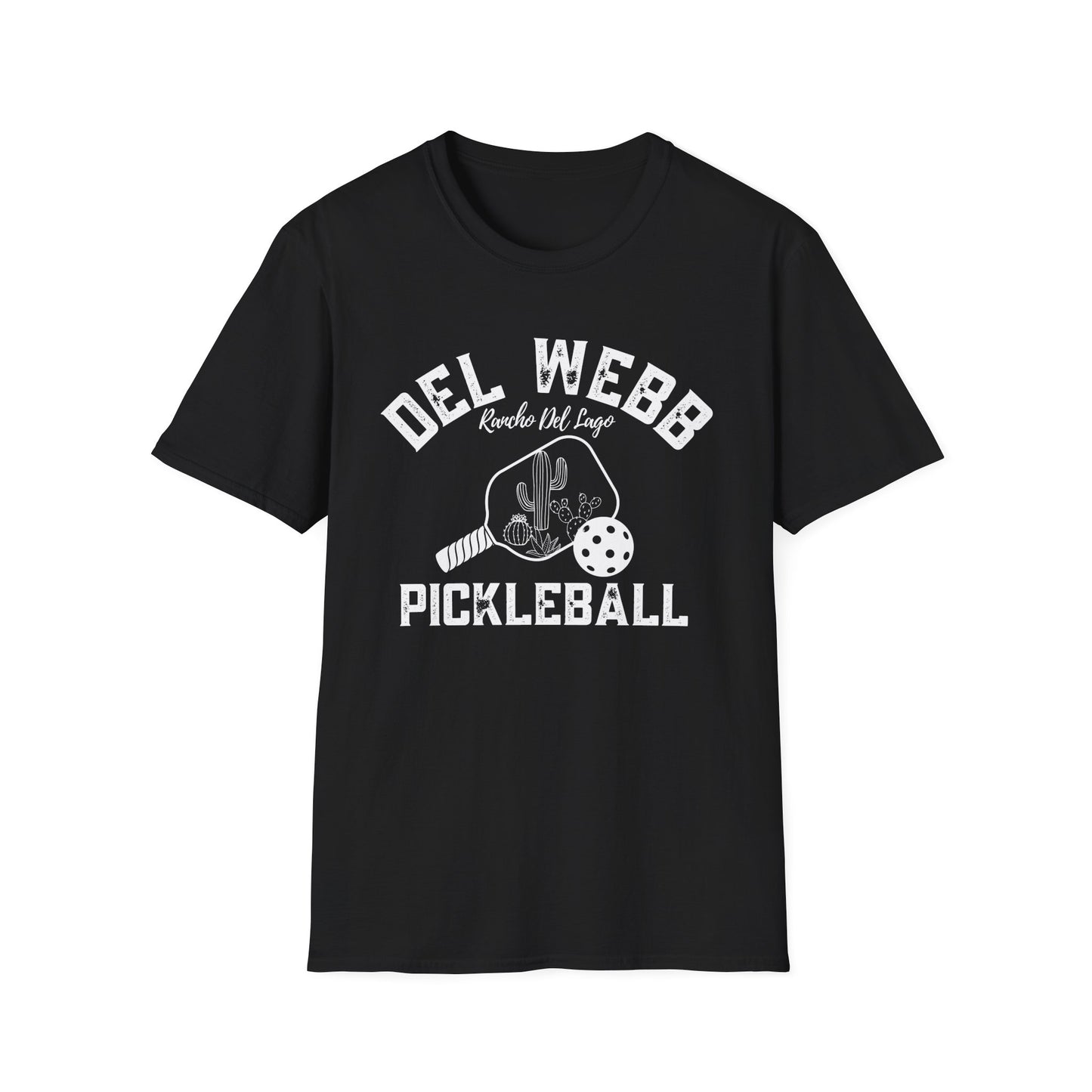 Del Webb Pickleball -Distressed letters Unisex Larger Cut Softstyle T-Shirt - can personalize back