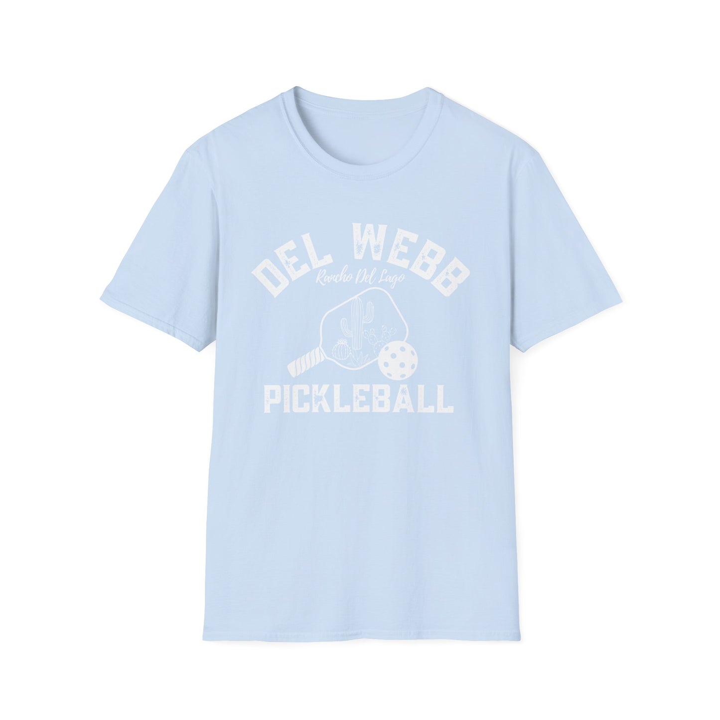 Del Webb Pickleball -Distressed letters Unisex Larger Cut Softstyle T-Shirt - can personalize back