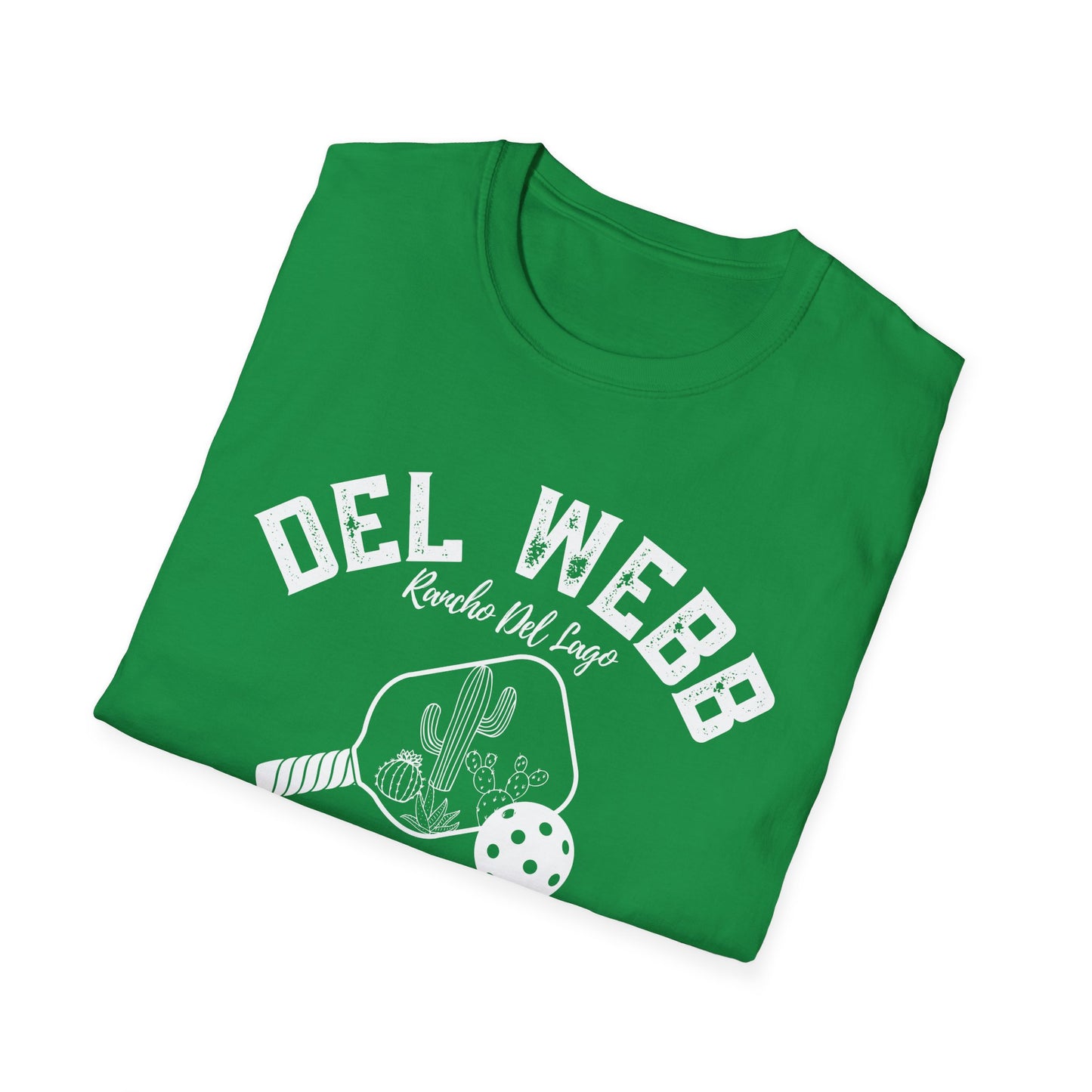 Del Webb Pickleball -Distressed letters Unisex Larger Cut Softstyle T-Shirt - can personalize back