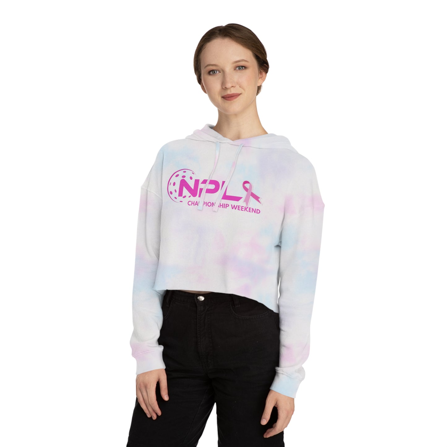 NPL Championship Weekend w/ Ribbon Hot Pink - Women’s Cropped Hooded Sweatshirt