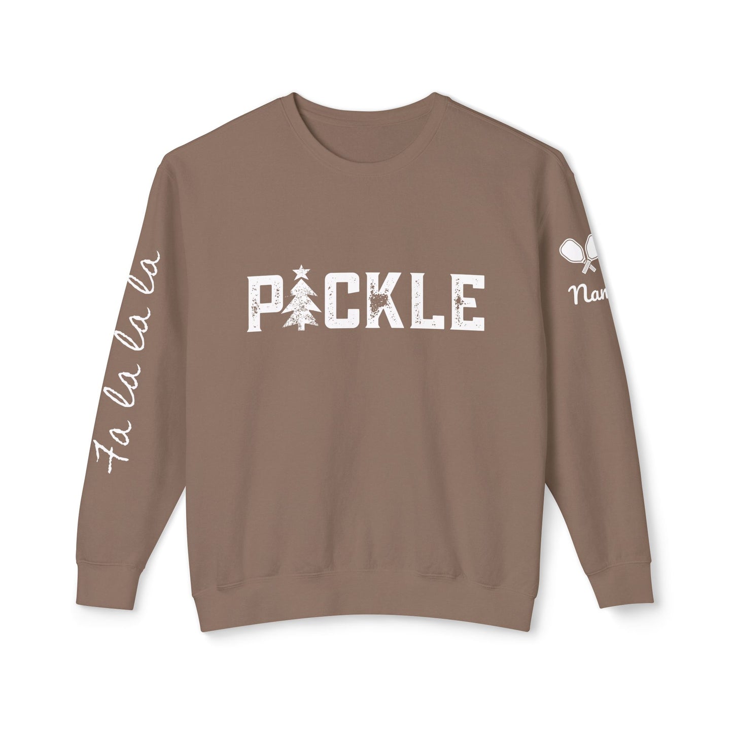 PICKLE Holiday Tree, Garment Dyed Lightweight Unisex Crew - fa la la la or your words on sleeve, can add name & paddle to sleeve