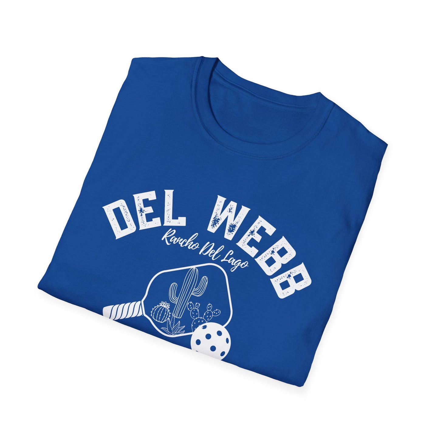 Del Webb Pickleball -Distressed letters Unisex Larger Cut Softstyle T-Shirt - can personalize back