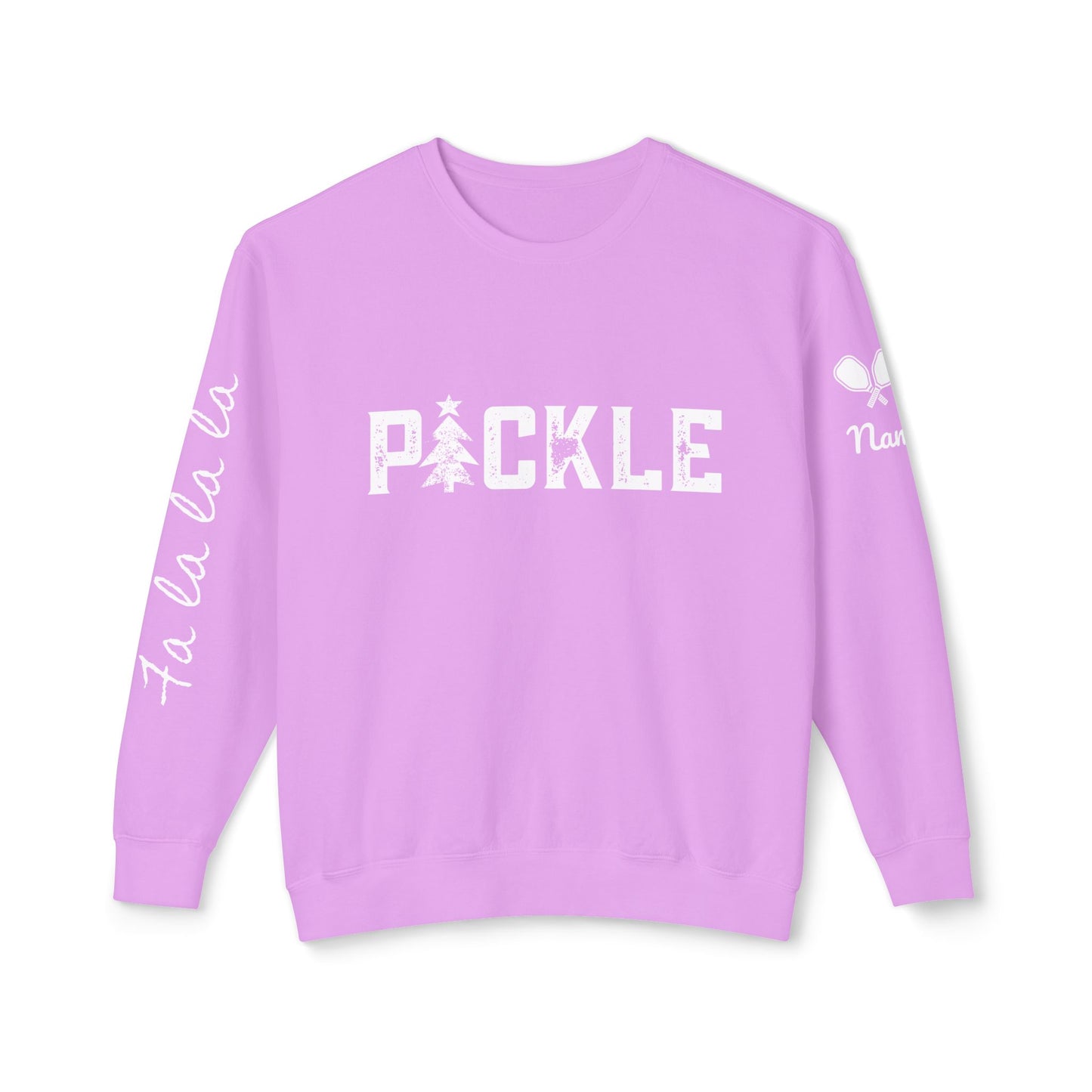 PICKLE Holiday Tree, Garment Dyed Lightweight Unisex Crew - fa la la la or your words on sleeve, can add name & paddle to sleeve