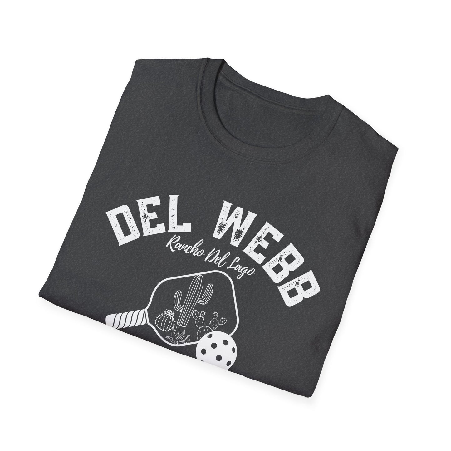 Del Webb Pickleball -Distressed letters Unisex Larger Cut Softstyle T-Shirt - can personalize back