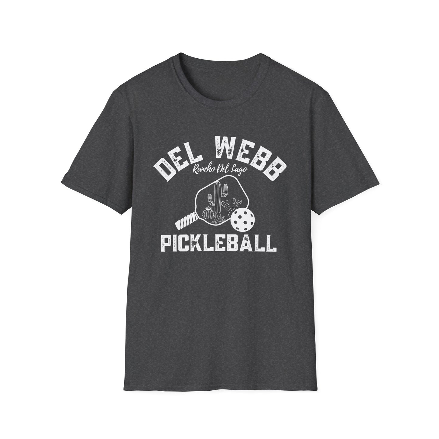 Del Webb Pickleball -Distressed letters Unisex Larger Cut Softstyle T-Shirt - can personalize back