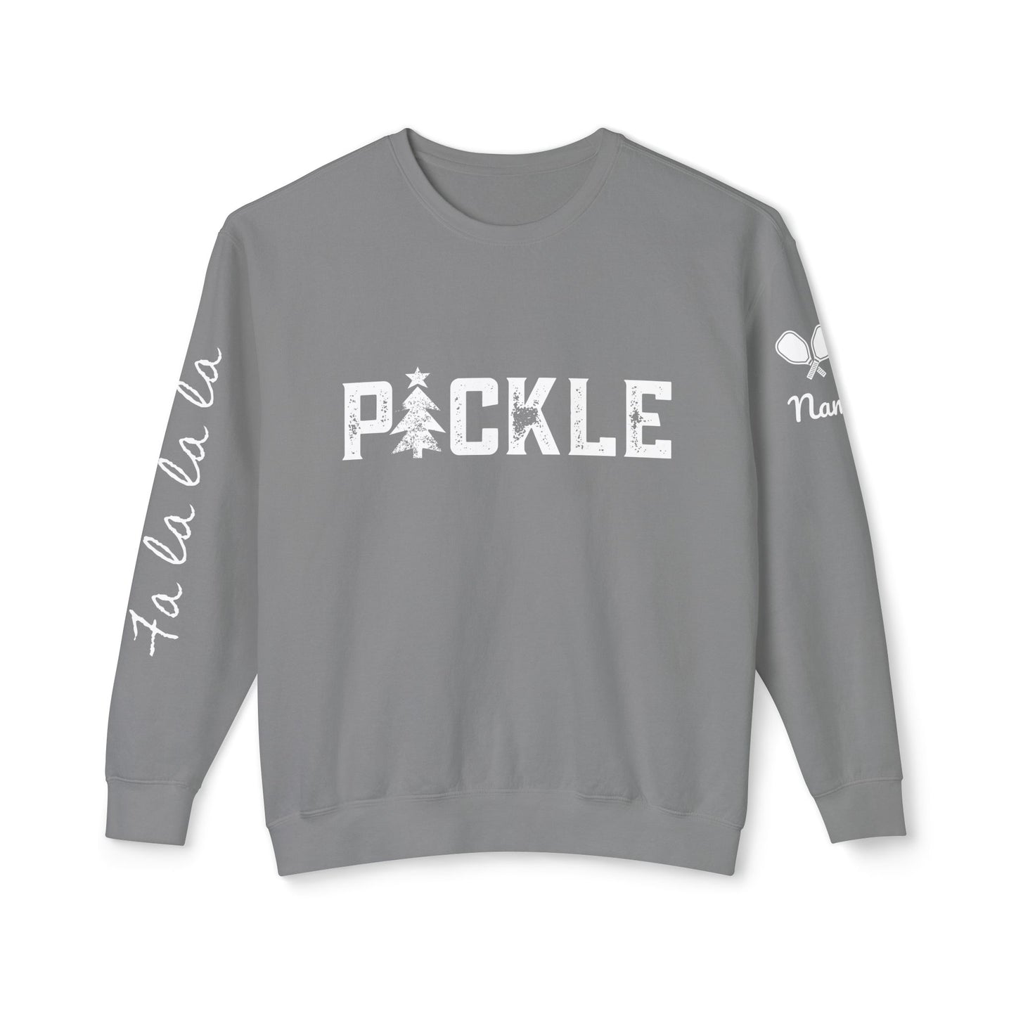 PICKLE Holiday Tree, Garment Dyed Lightweight Unisex Crew - fa la la la or your words on sleeve, can add name & paddle to sleeve