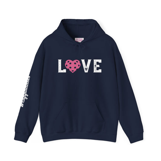 Kara’s LOVE Hoodie, 3 pickleball hearts sleeve - #tappaddles. customize sleeves & back - add in notes