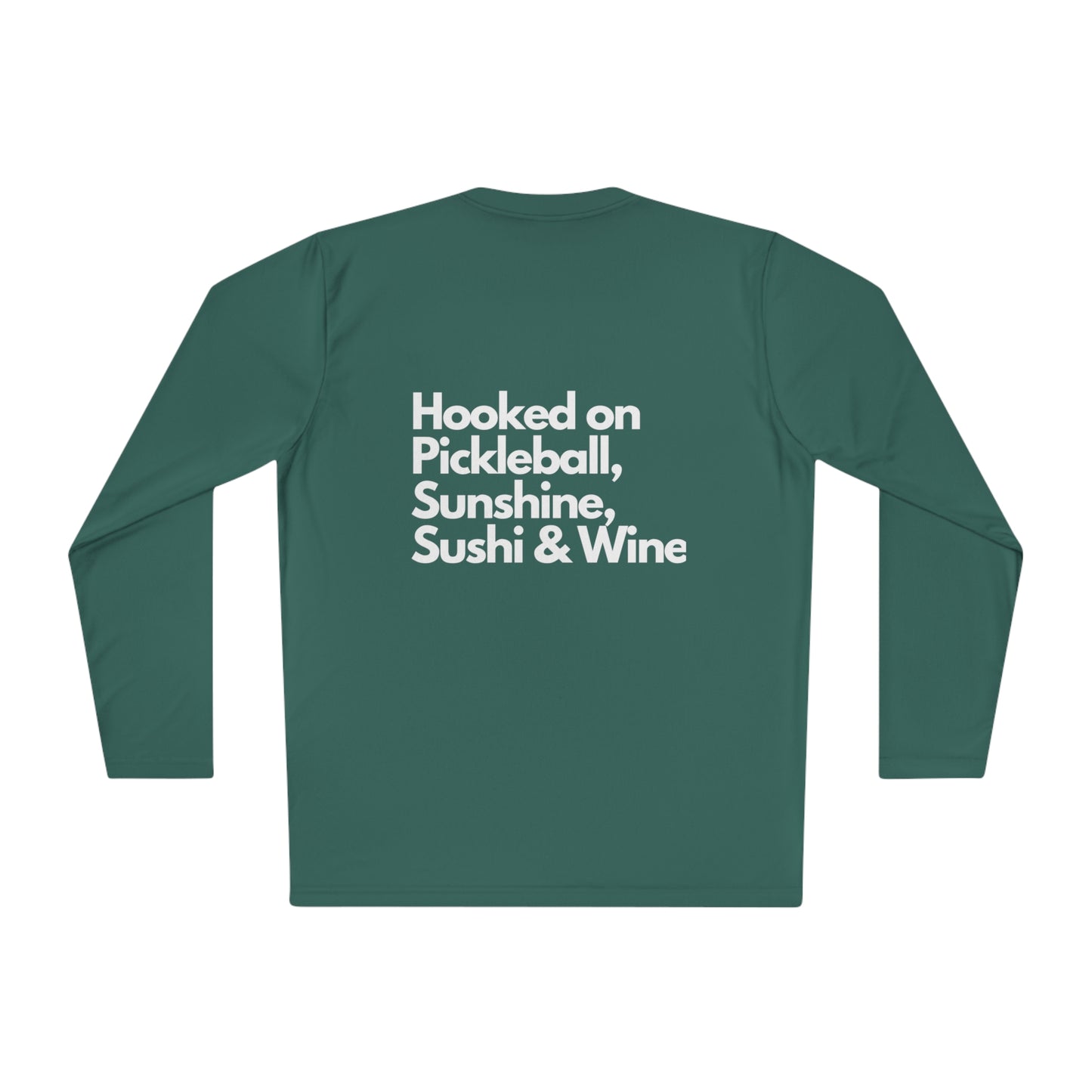 Hooked on Pickleball, Sunshine & Sushi- Unisex moisture wicking Lightweight Long Sleeve Tee spf 40