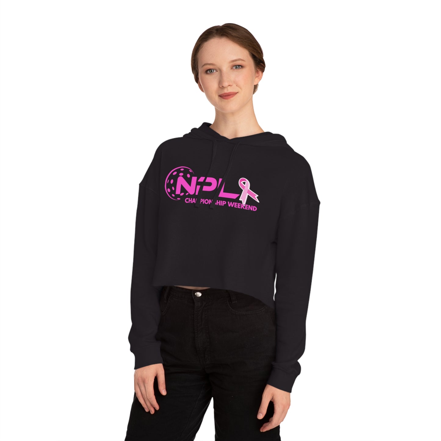 NPL Championship Weekend w/ Ribbon Hot Pink - Women’s Cropped Hooded Sweatshirt