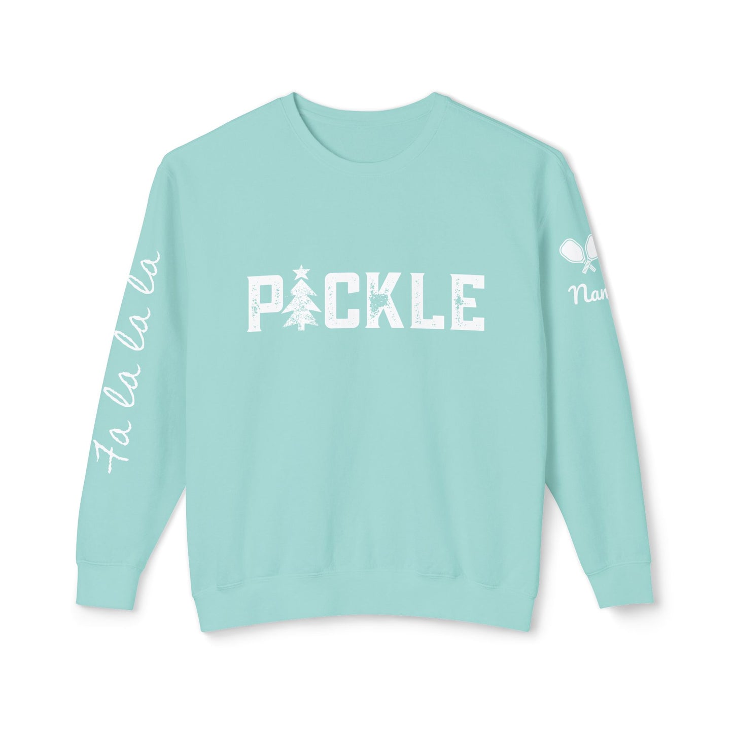 PICKLE Holiday Tree, Garment Dyed Lightweight Unisex Crew - fa la la la or your words on sleeve, can add name & paddle to sleeve