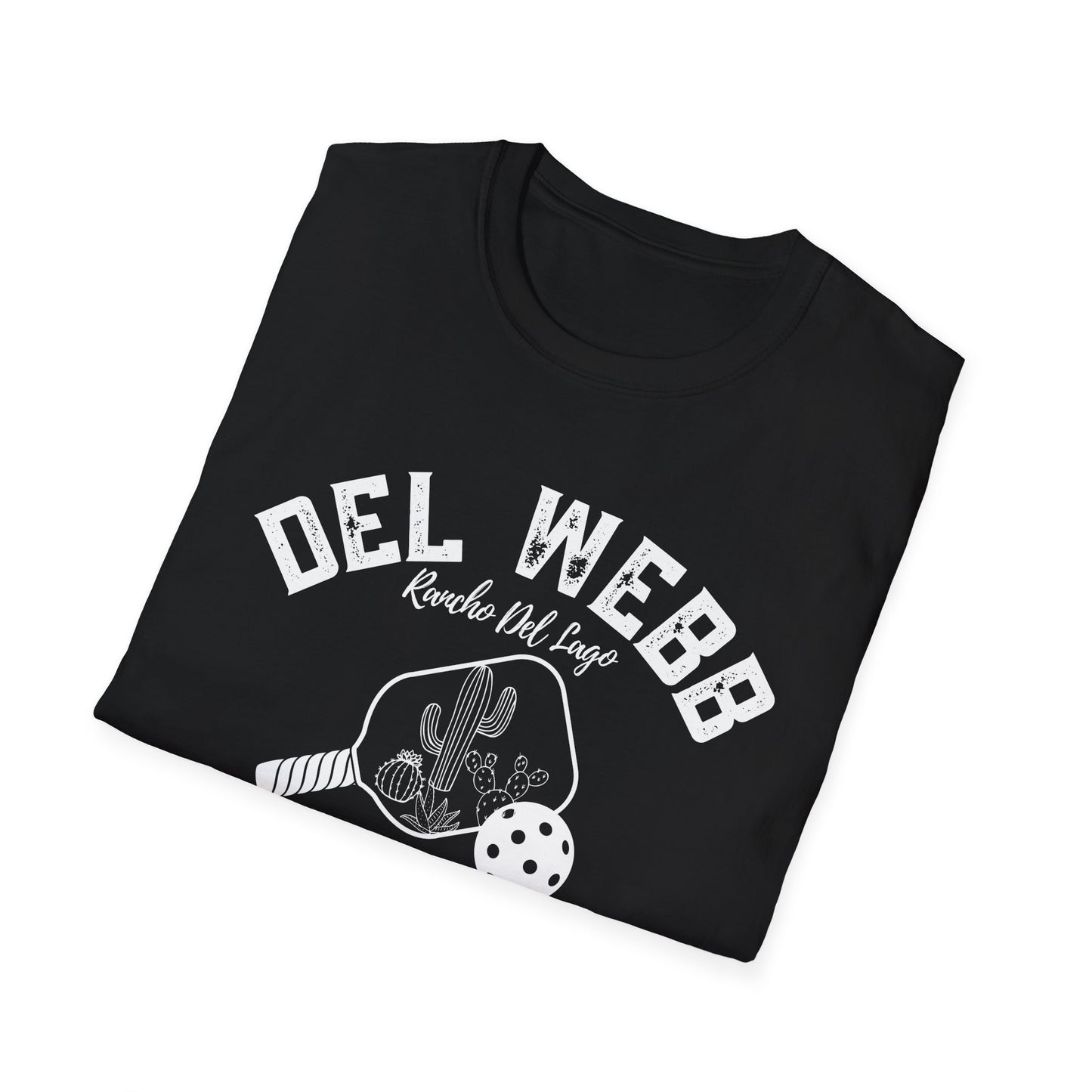 Del Webb Pickleball -Distressed letters Unisex Larger Cut Softstyle T-Shirt - can personalize back