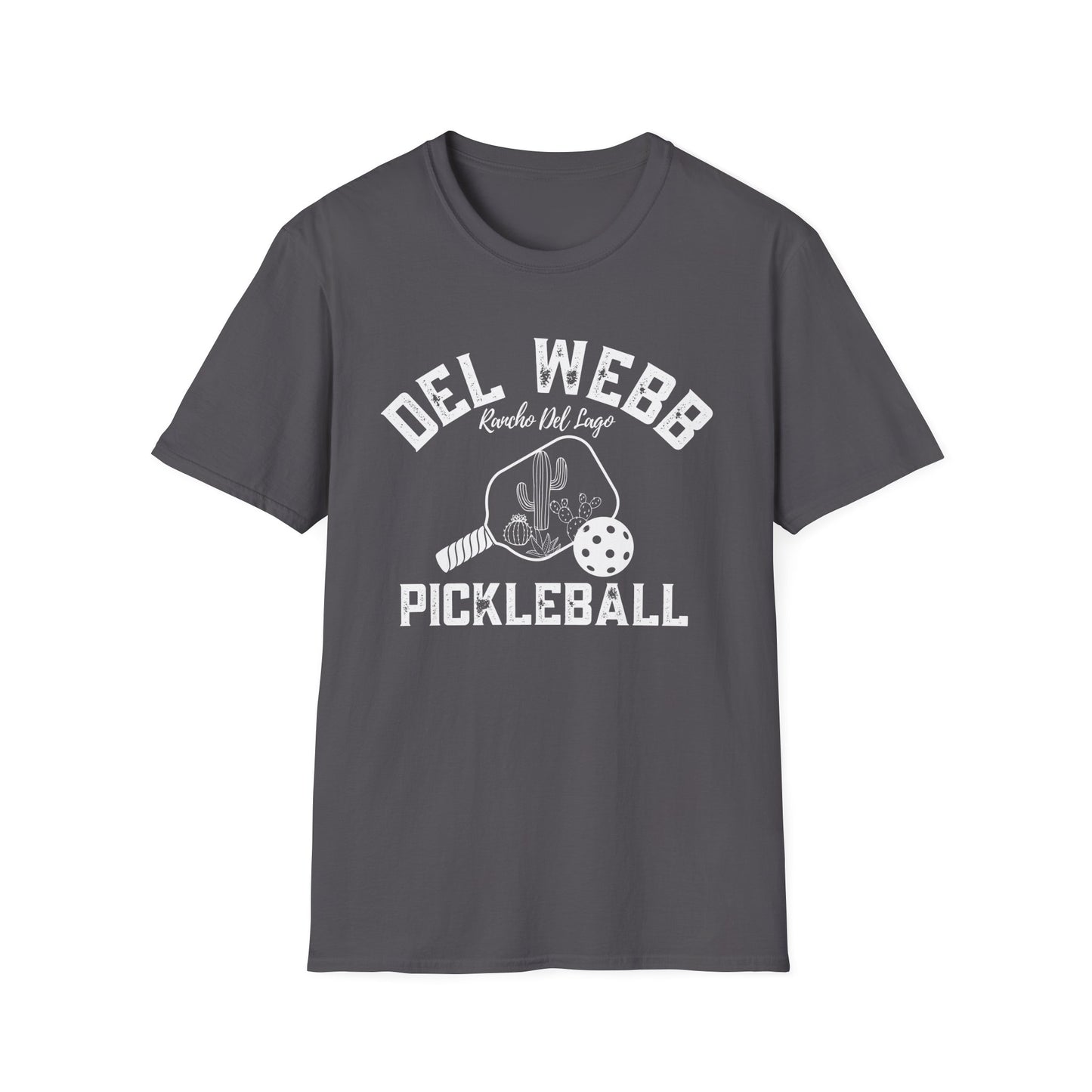 Del Webb Pickleball -Distressed letters Unisex Larger Cut Softstyle T-Shirt - can personalize back