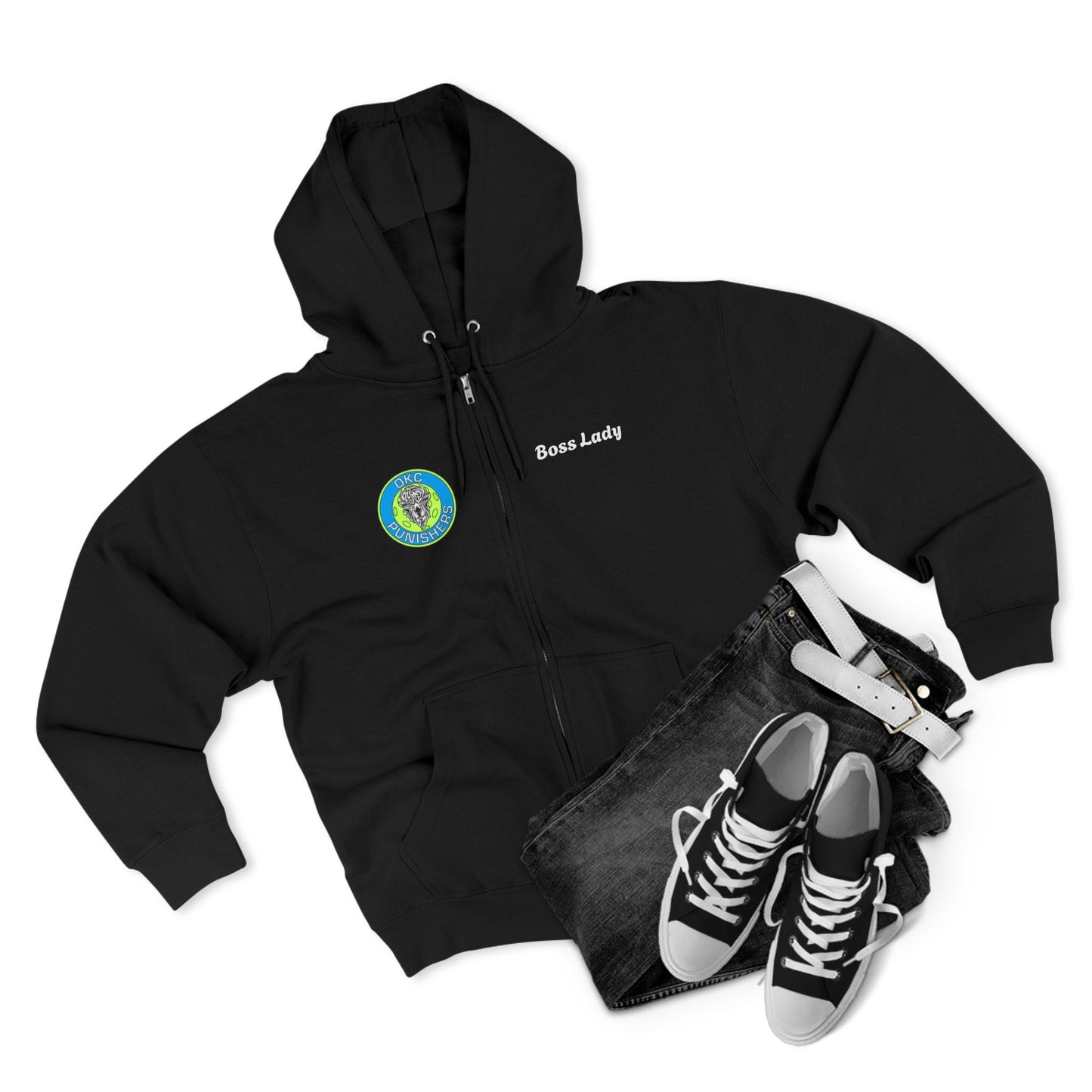 OKC personalized Unisex Zip Hoodie - OKC Punishers Strength & Unity (Black and White) Lane 7