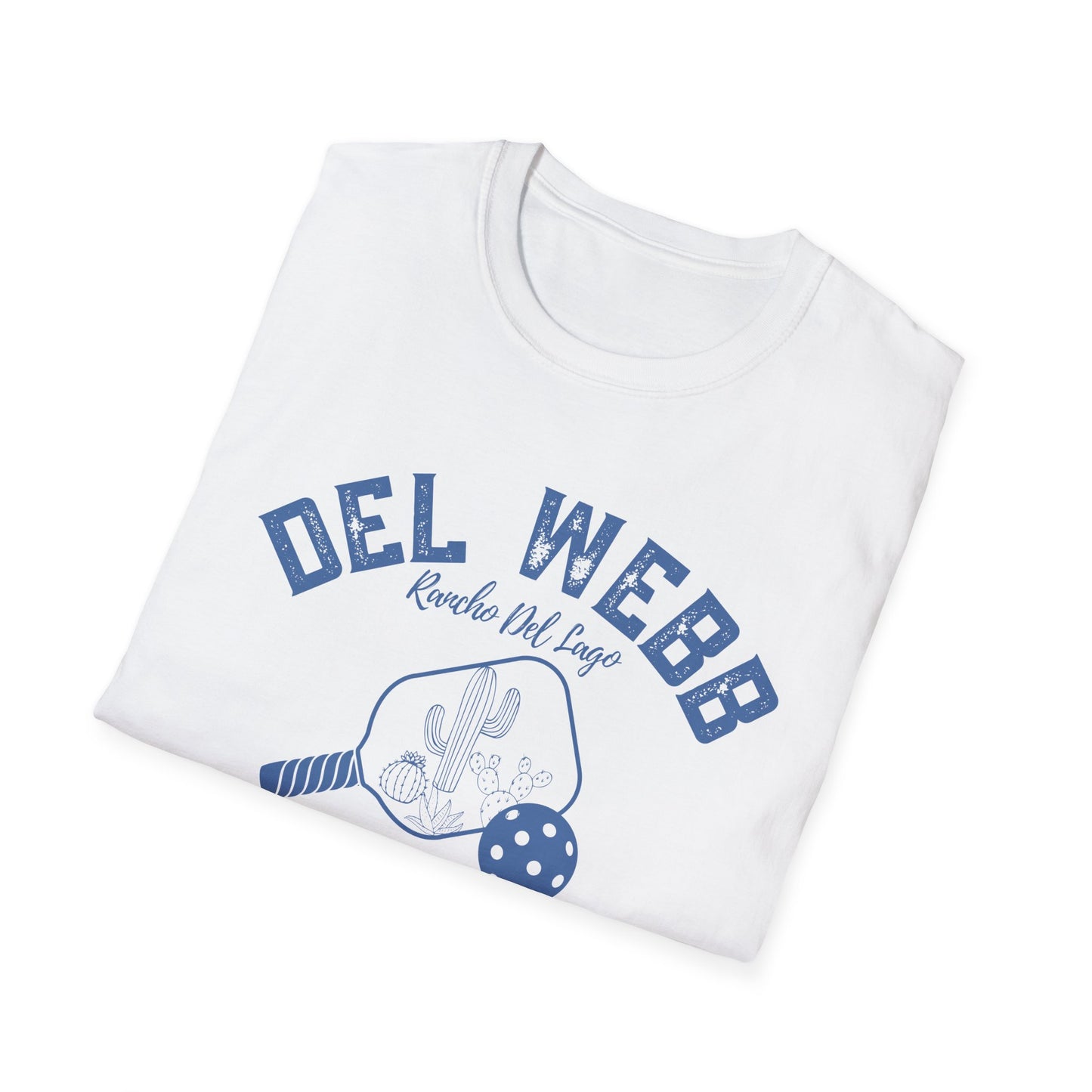 Del Webb Pickleball -Distressed letters Unisex Larger Cut Softstyle T-Shirt - can personalize back