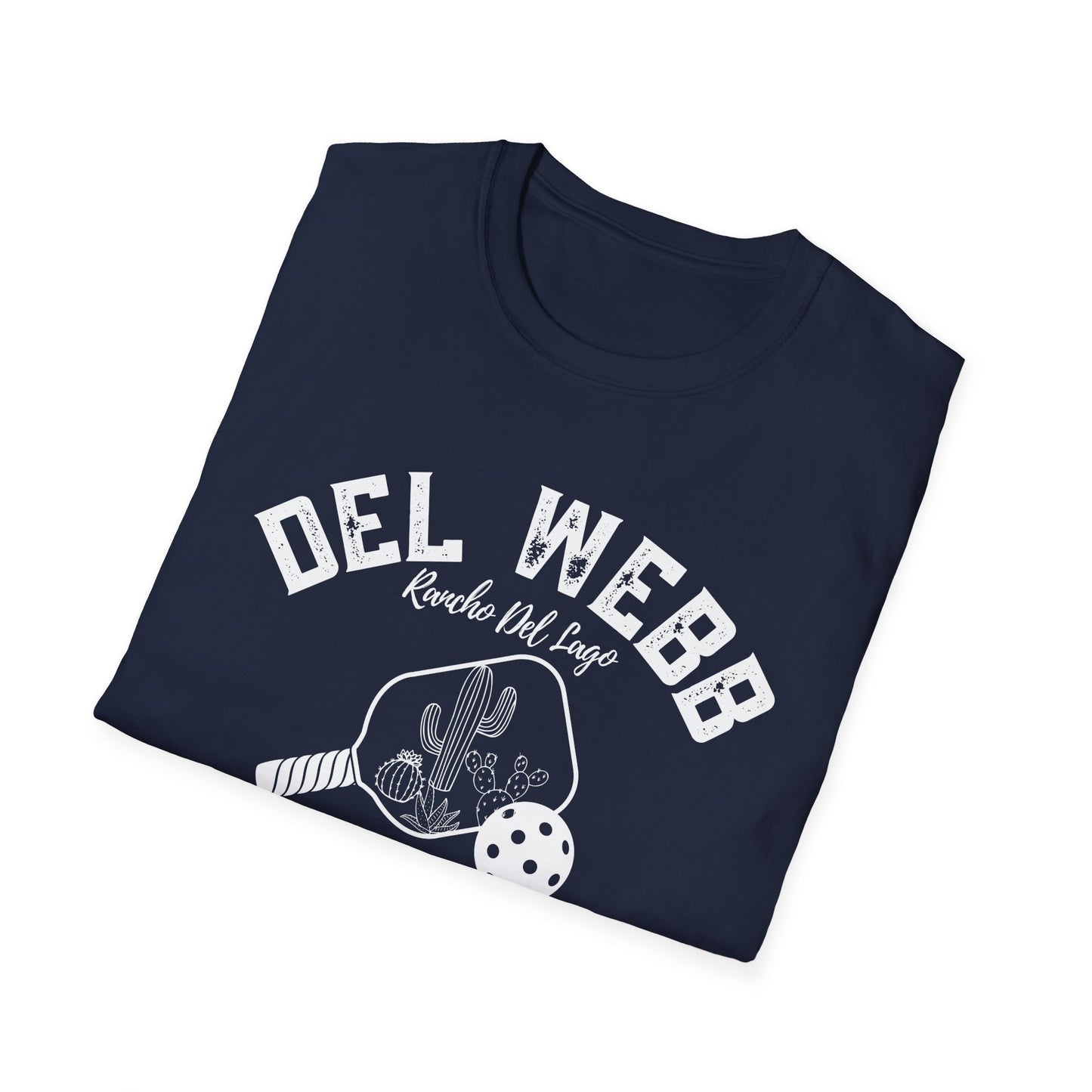 Del Webb Pickleball -Distressed letters Unisex Larger Cut Softstyle T-Shirt - can personalize back