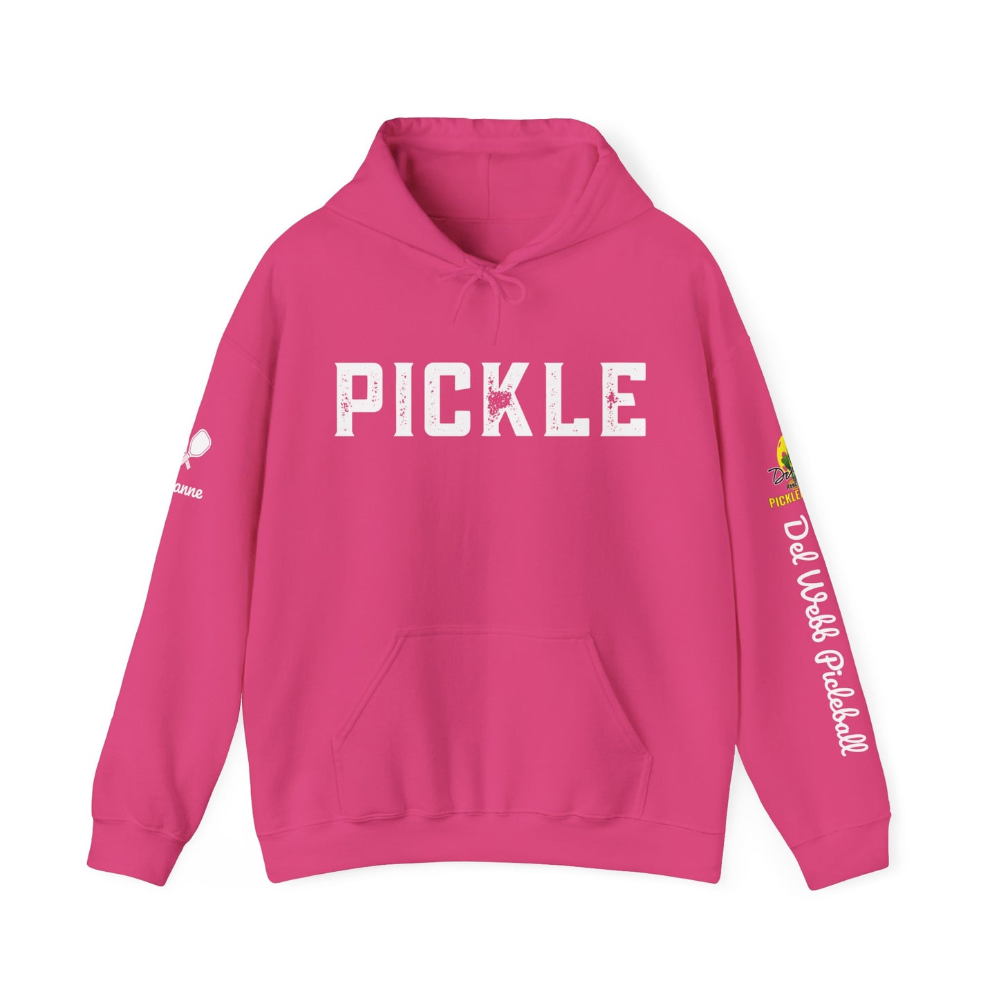Del Webb Pickleball Club Unisex Hoodie 4 sided print. Can customize sleeve