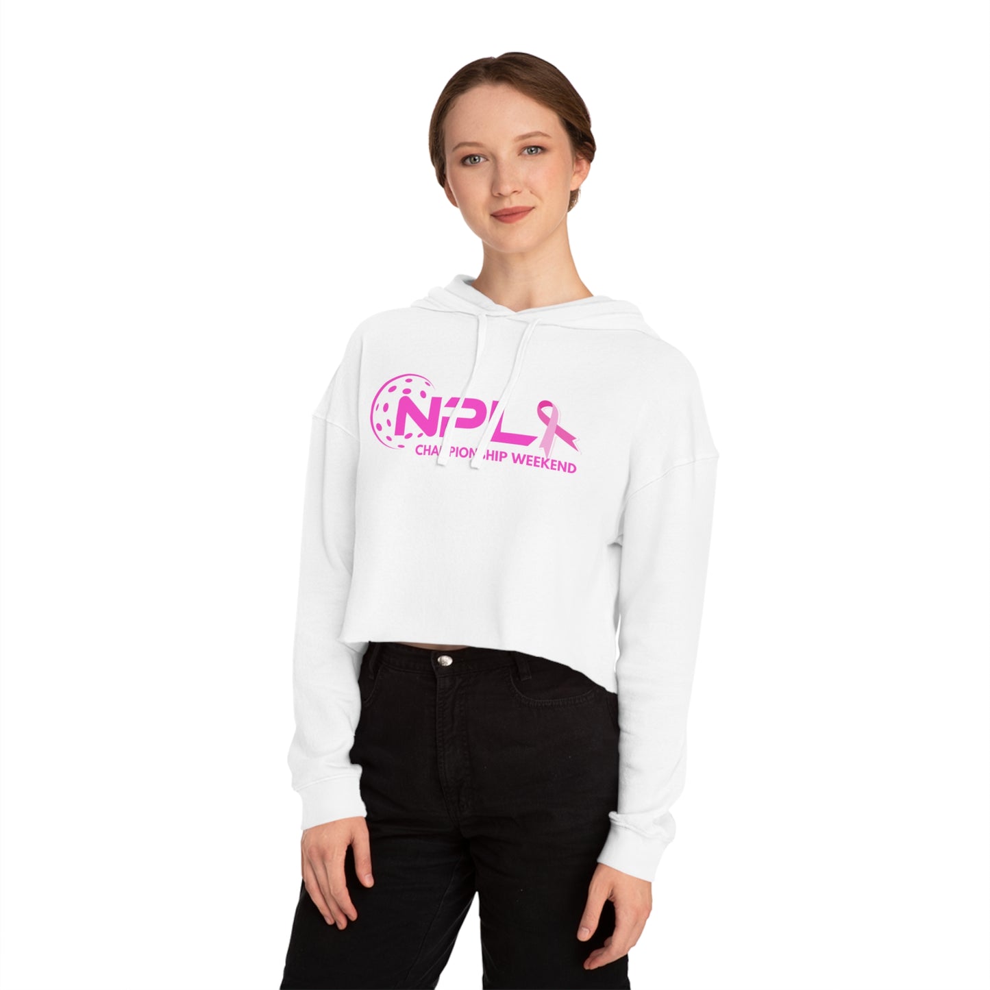 NPL Championship Weekend w/ Ribbon Hot Pink - Women’s Cropped Hooded Sweatshirt