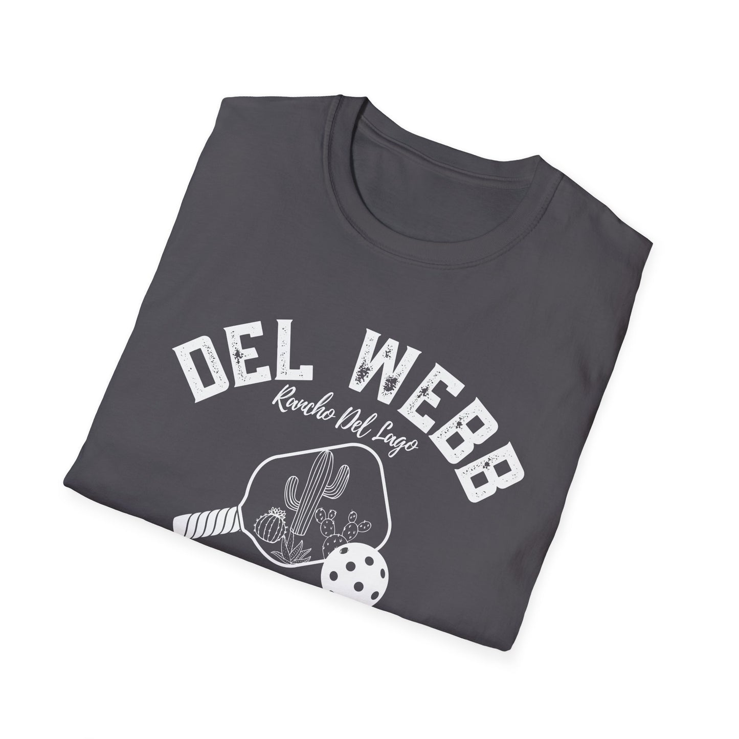Del Webb Pickleball -Distressed letters Unisex Larger Cut Softstyle T-Shirt - can personalize back