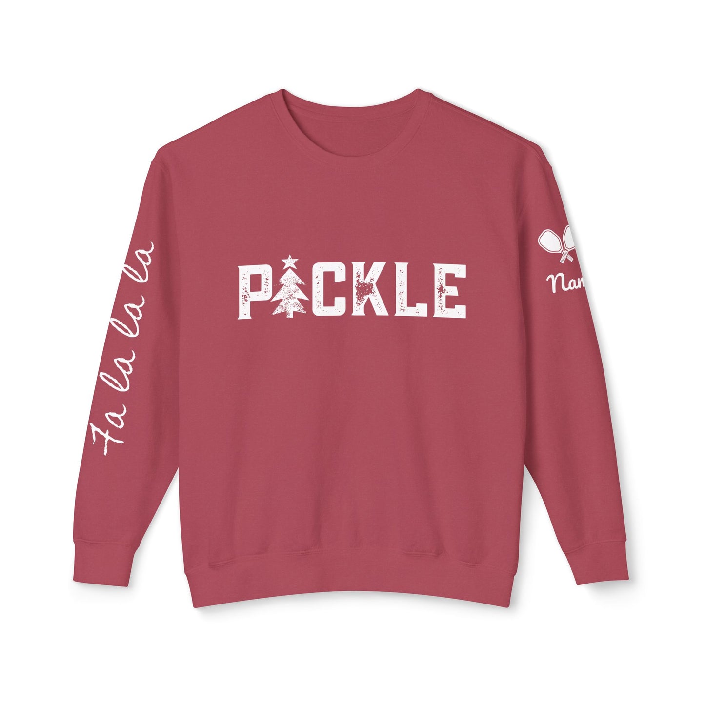 PICKLE Holiday Tree, Garment Dyed Lightweight Unisex Crew - fa la la la or your words on sleeve, can add name & paddle to sleeve