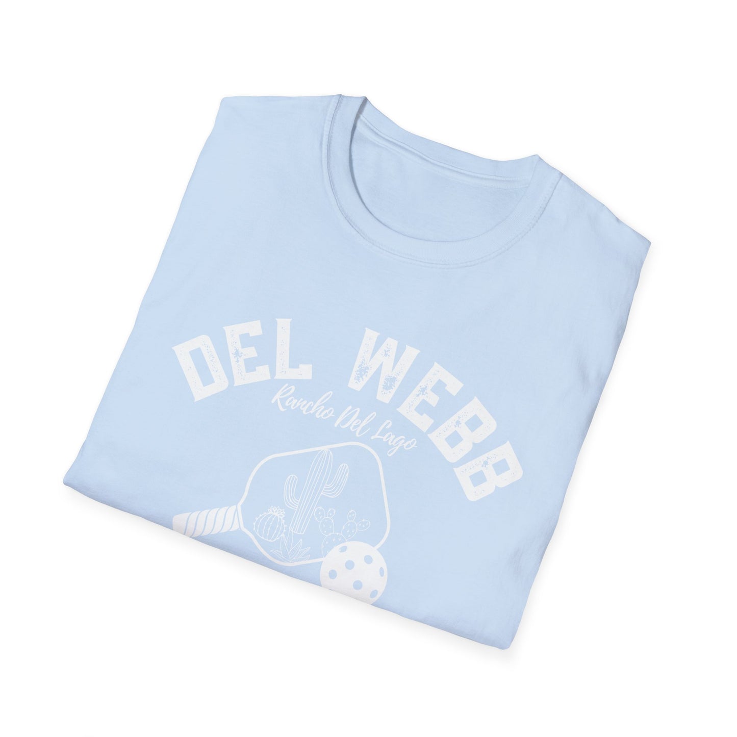 Del Webb Pickleball -Distressed letters Unisex Larger Cut Softstyle T-Shirt - can personalize back