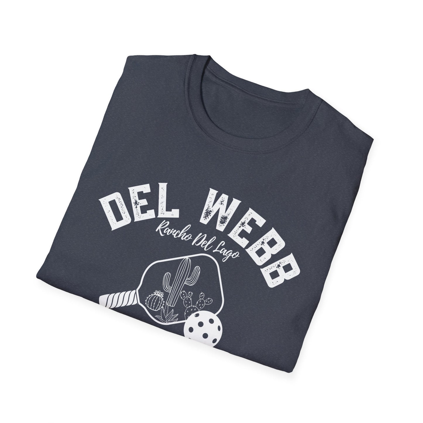 Del Webb Pickleball -Distressed letters Unisex Larger Cut Softstyle T-Shirt - can personalize back