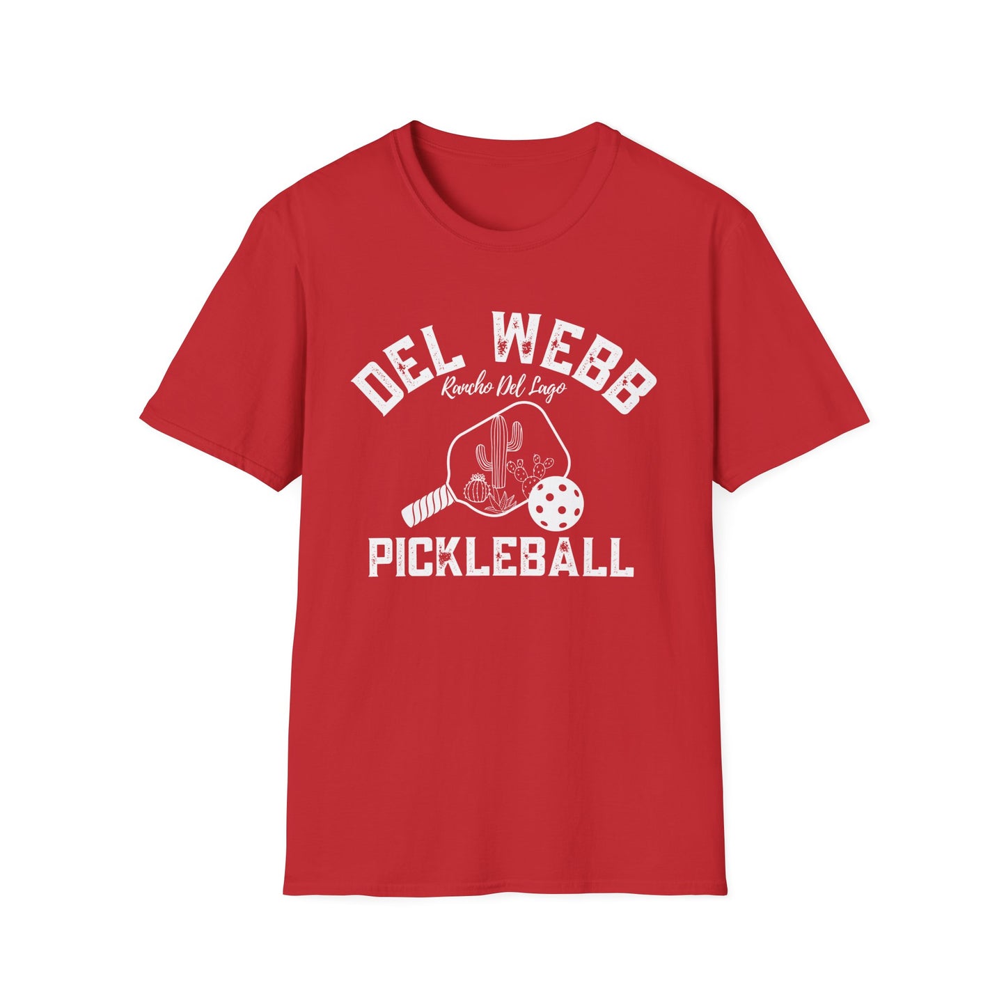 Del Webb Pickleball -Distressed letters Unisex Larger Cut Softstyle T-Shirt - can personalize back