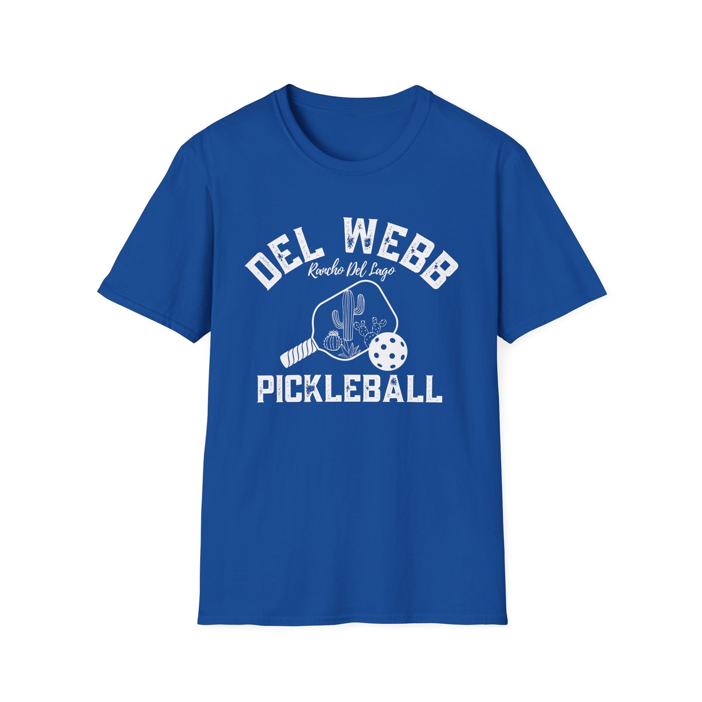 Del Webb Pickleball -Distressed letters Unisex Larger Cut Softstyle T-Shirt - can personalize back
