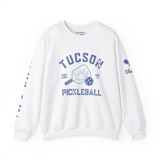 Hold the Pickle,Tucson Pickleball  - Crew - White/ Blue Logo. Customize sleeves