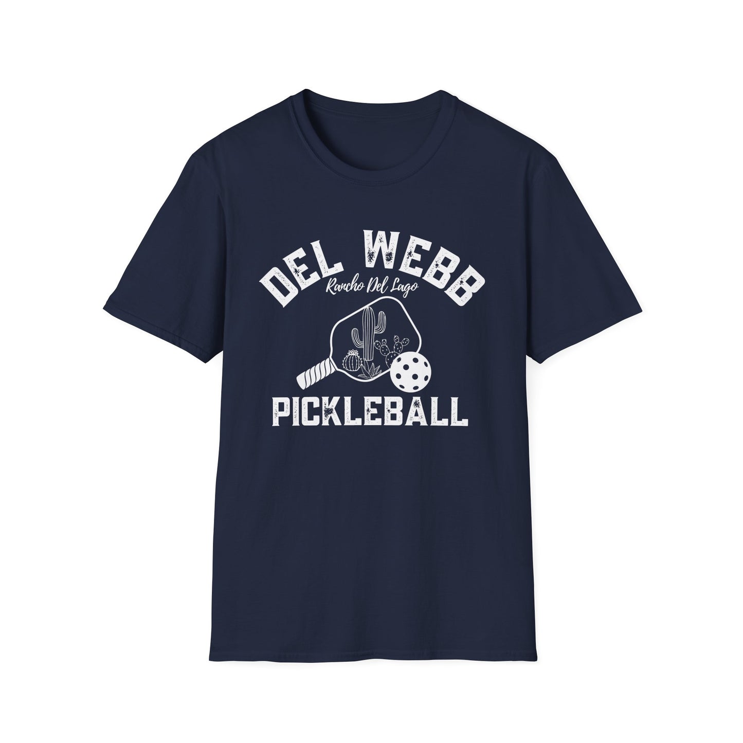 Del Webb Pickleball -Distressed letters Unisex Larger Cut Softstyle T-Shirt - can personalize back