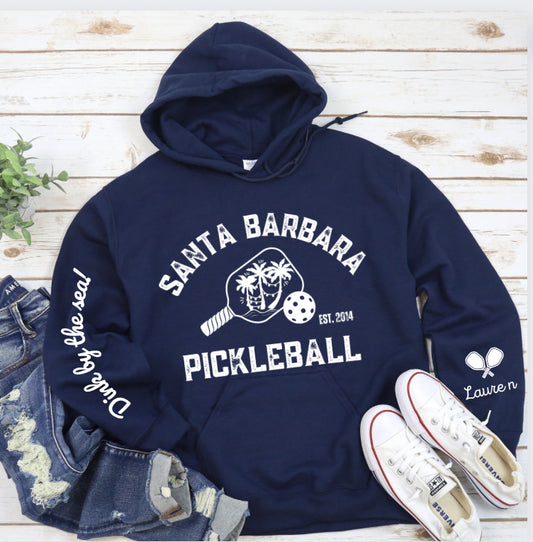 Santa Barbara Pickleball Holiday Paddle - Hoodie - can customize sleeves & back