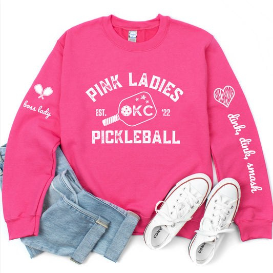 Pink Ladies OKC Pickleball Crew - Hot Pink Unisex Crewneck Sweatshirt (customize name on sleeve)