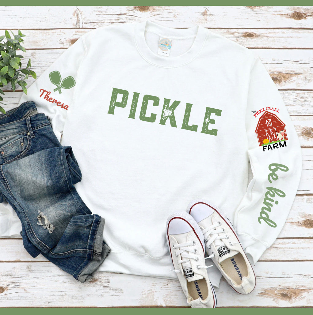 The Pickleball Farm - Crewneck Sweatshirt - PICKLE front - Customize sleeve