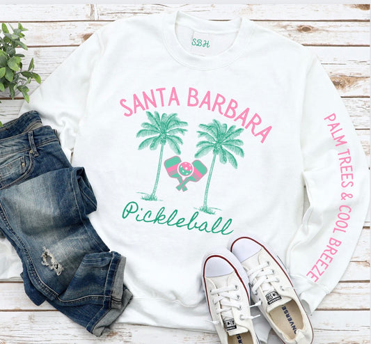 Palm Tree Santa Barbara Pickleball -White Unisex Garment-Dyed Sweatshirt (80% cotton, 20% poly)