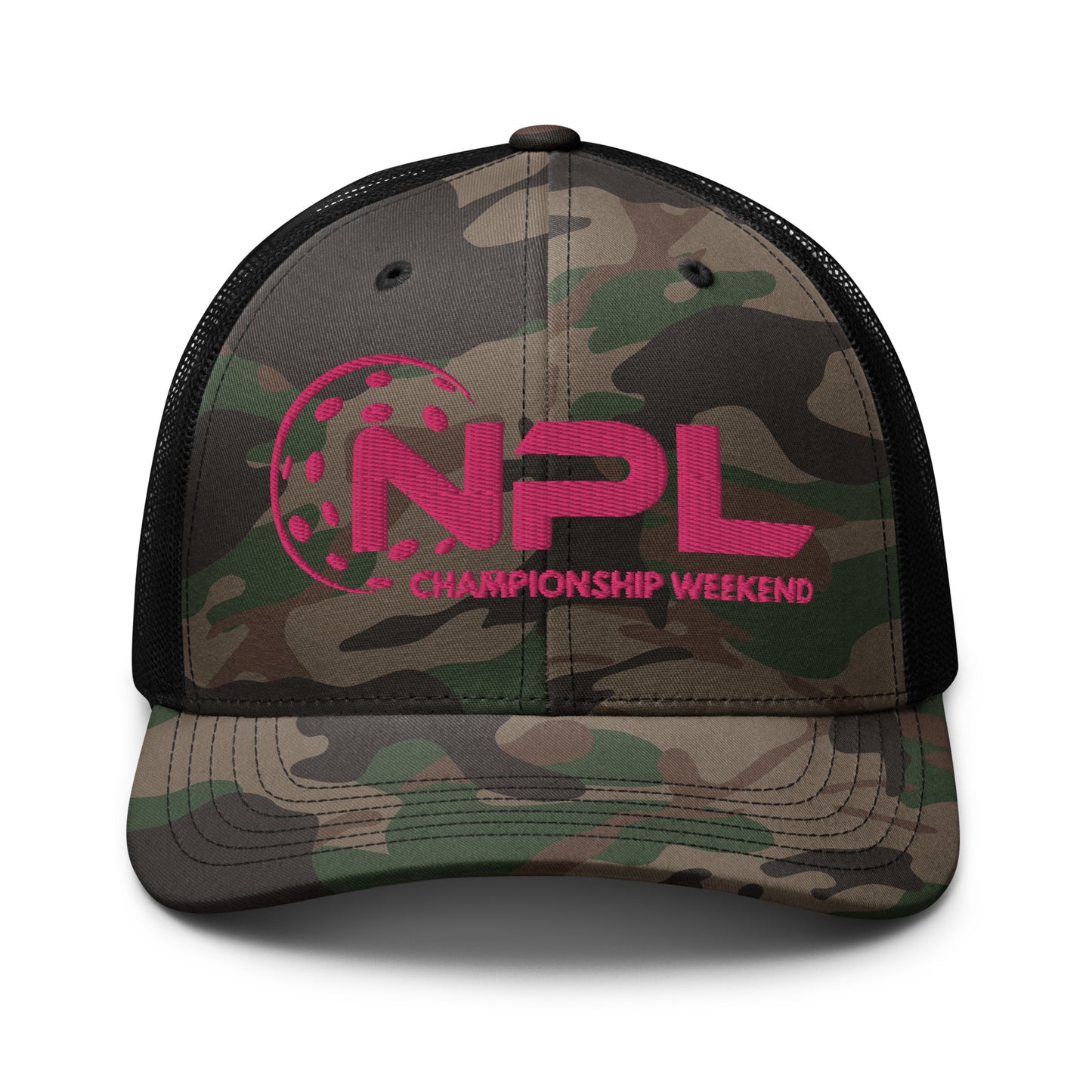 NPL Championship Weekend - Hot Pink Embroidered Camouflage trucker hat. Mesh Back