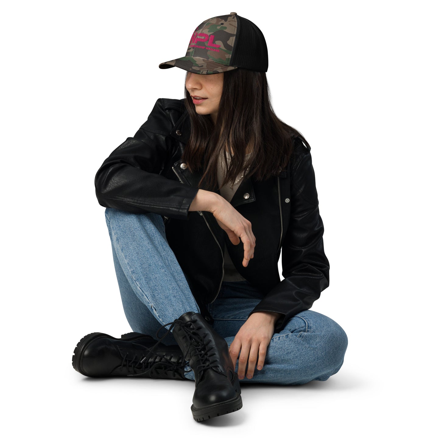 NPL Championship Weekend - Hot Pink Embroidered Camouflage trucker hat. Mesh Back