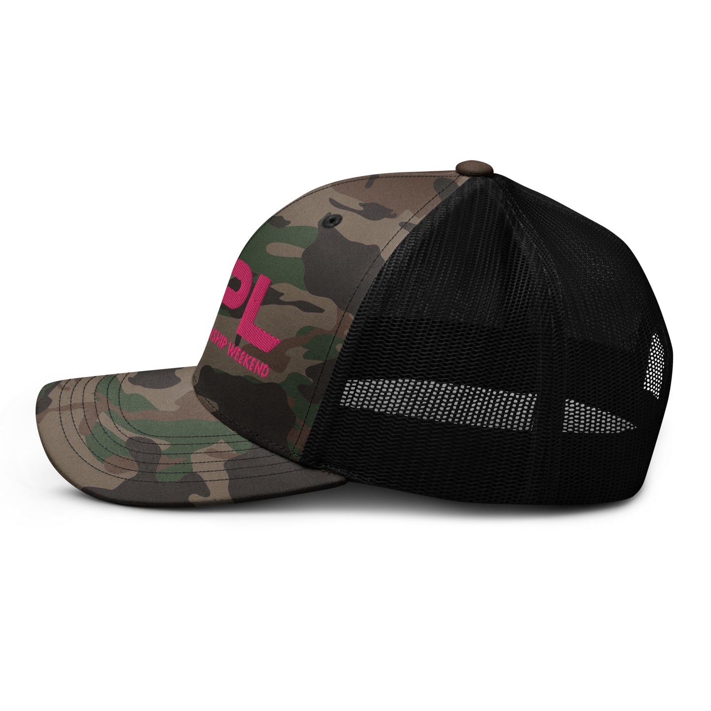 NPL Championship Weekend - Hot Pink Embroidered Camouflage trucker hat. Mesh Back