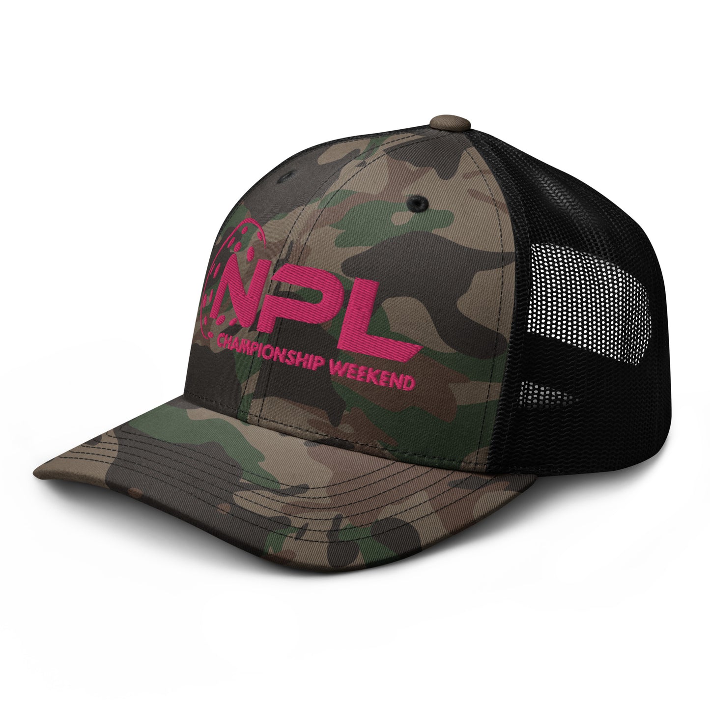 NPL Championship Weekend - Hot Pink Embroidered Camouflage trucker hat. Mesh Back