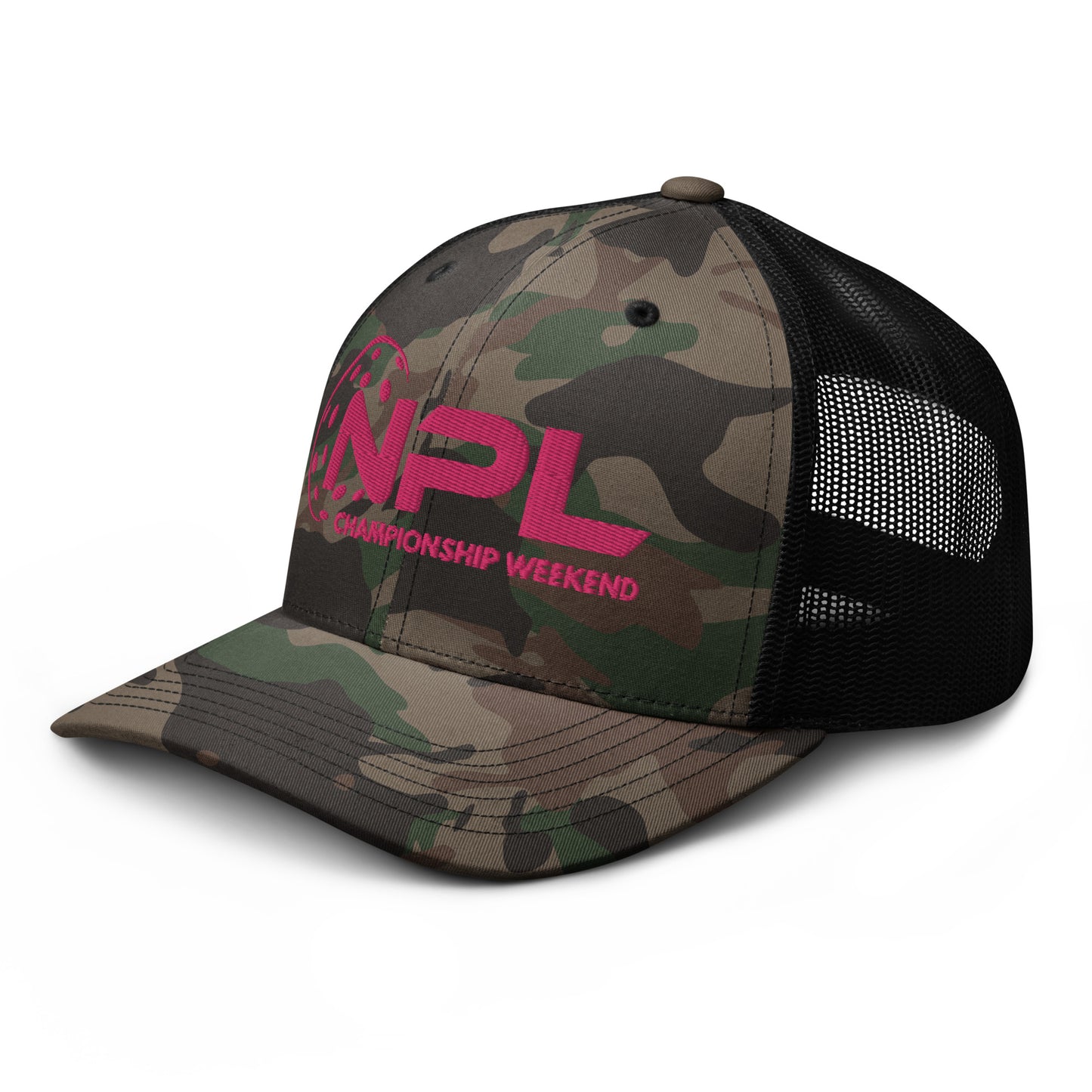 NPL Championship Weekend - Hot Pink Embroidered Camouflage trucker hat. Mesh Back