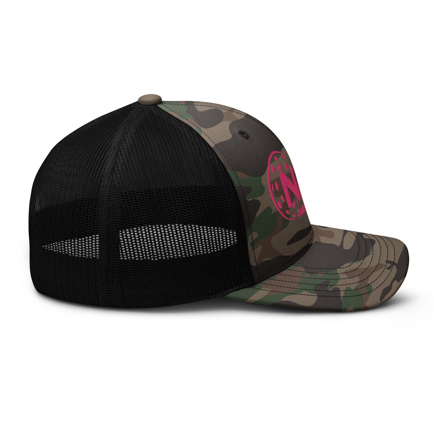 NPL Championship Weekend - Hot Pink Embroidered Camouflage trucker hat. Mesh Back