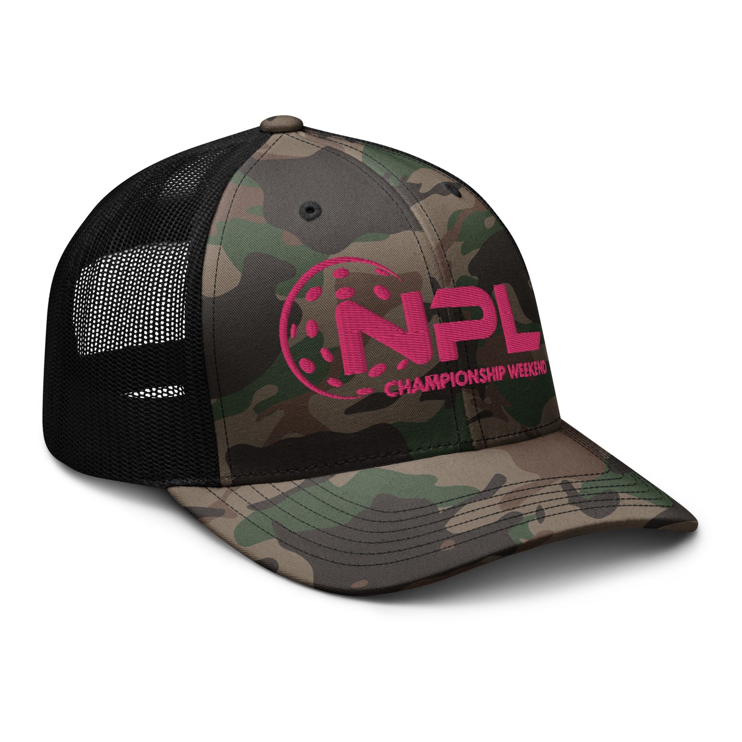 NPL Championship Weekend - Hot Pink Embroidered Camouflage trucker hat. Mesh Back