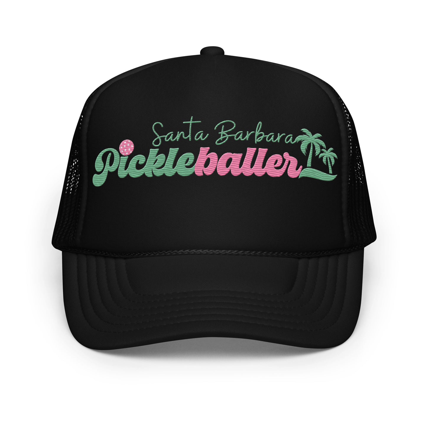 Santa Barbara Pickleballer Embroidered Foam Trucker Hat - white, pink & black