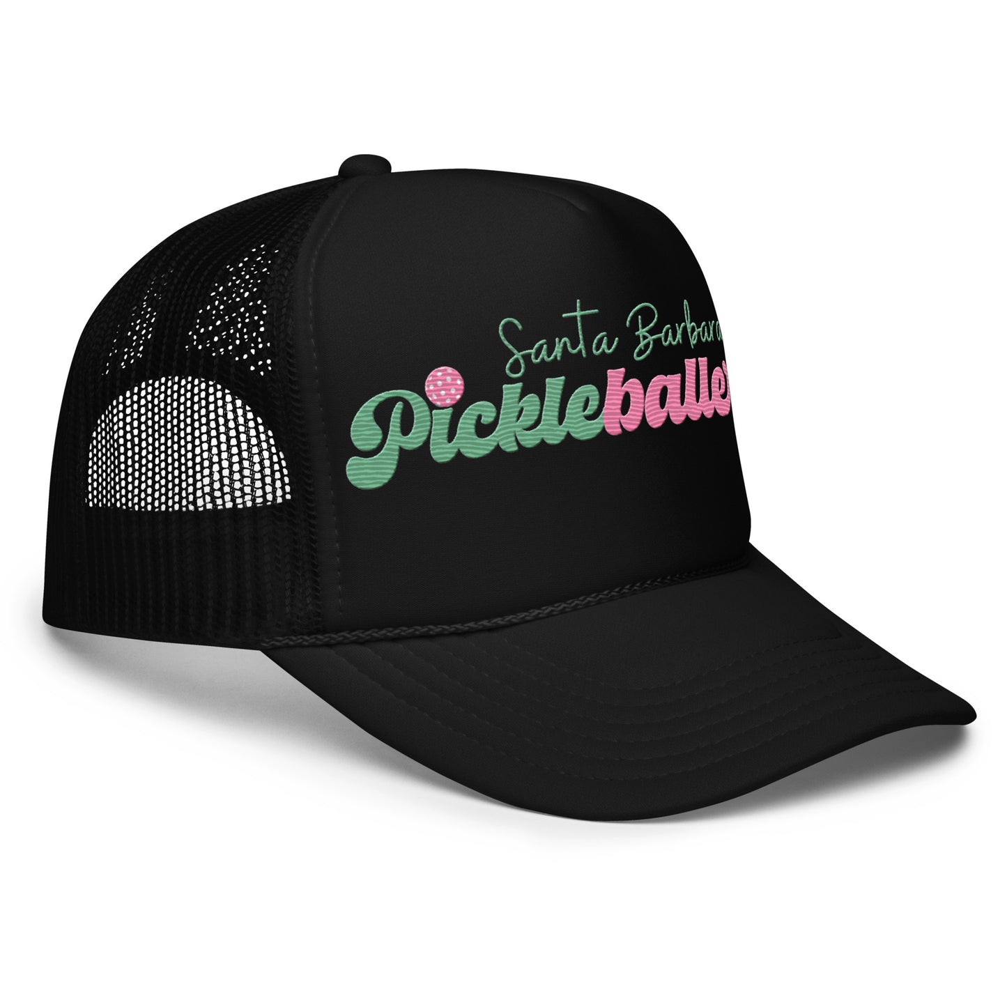 Santa Barbara Pickleballer Embroidered Foam Trucker Hat - white, pink & black
