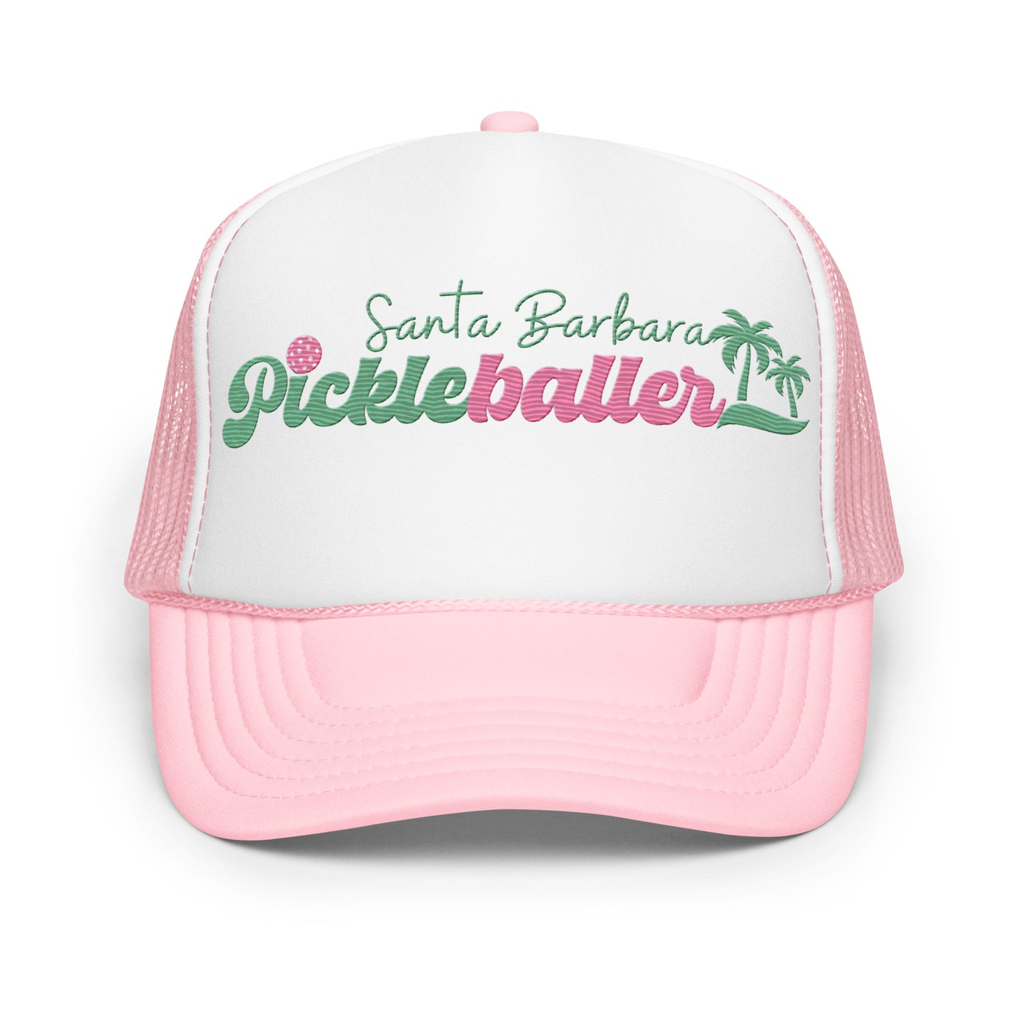 Santa Barbara Pickleballer Embroidered Foam Trucker Hat - white, pink & black