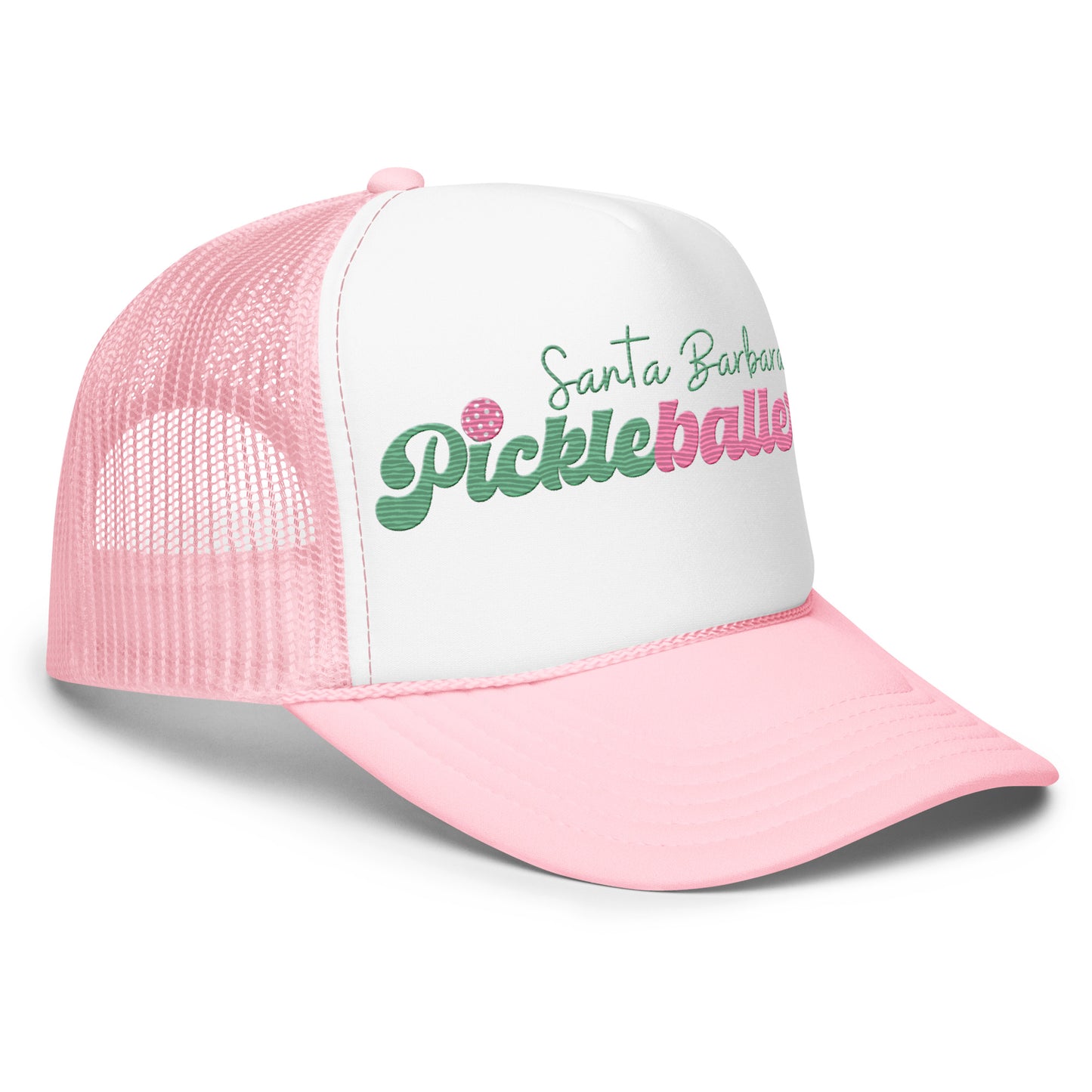 Santa Barbara Pickleballer Embroidered Foam Trucker Hat - white, pink & black