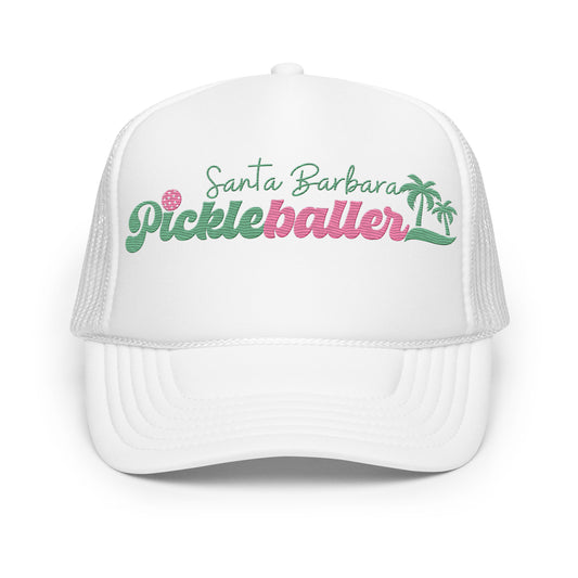 Santa Barbara Pickleballer Embroidered Foam Trucker Hat - white, pink & black